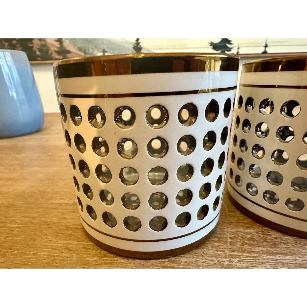 DecoFlair Gold Chrome Ceramic Candle Holder Set White Perforated Dot Mid Century